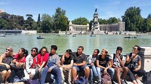 School trip in Madrid: group of students in the Retiro Park